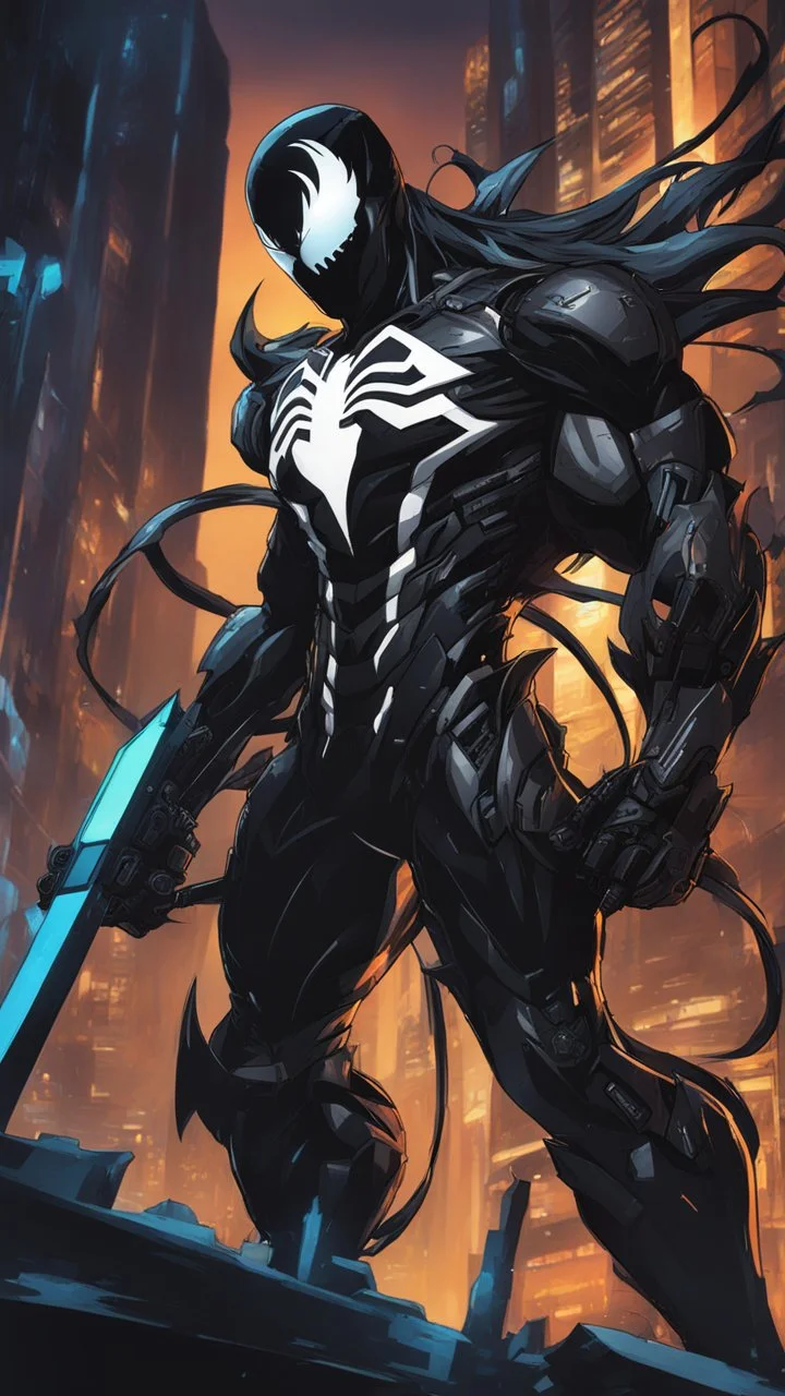 Venom mix with machine in solo leveling shadow artstyle, cyberpunk them, intricate details, highly detailed, high details, detailed portrait, masterpiece,ultra detailed,best quality