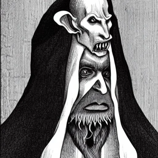 Nosferatu with white skin and a beard made of tentacles as a Russian Orthodox nosferatu vampire with yellow eyes and vampire fangs