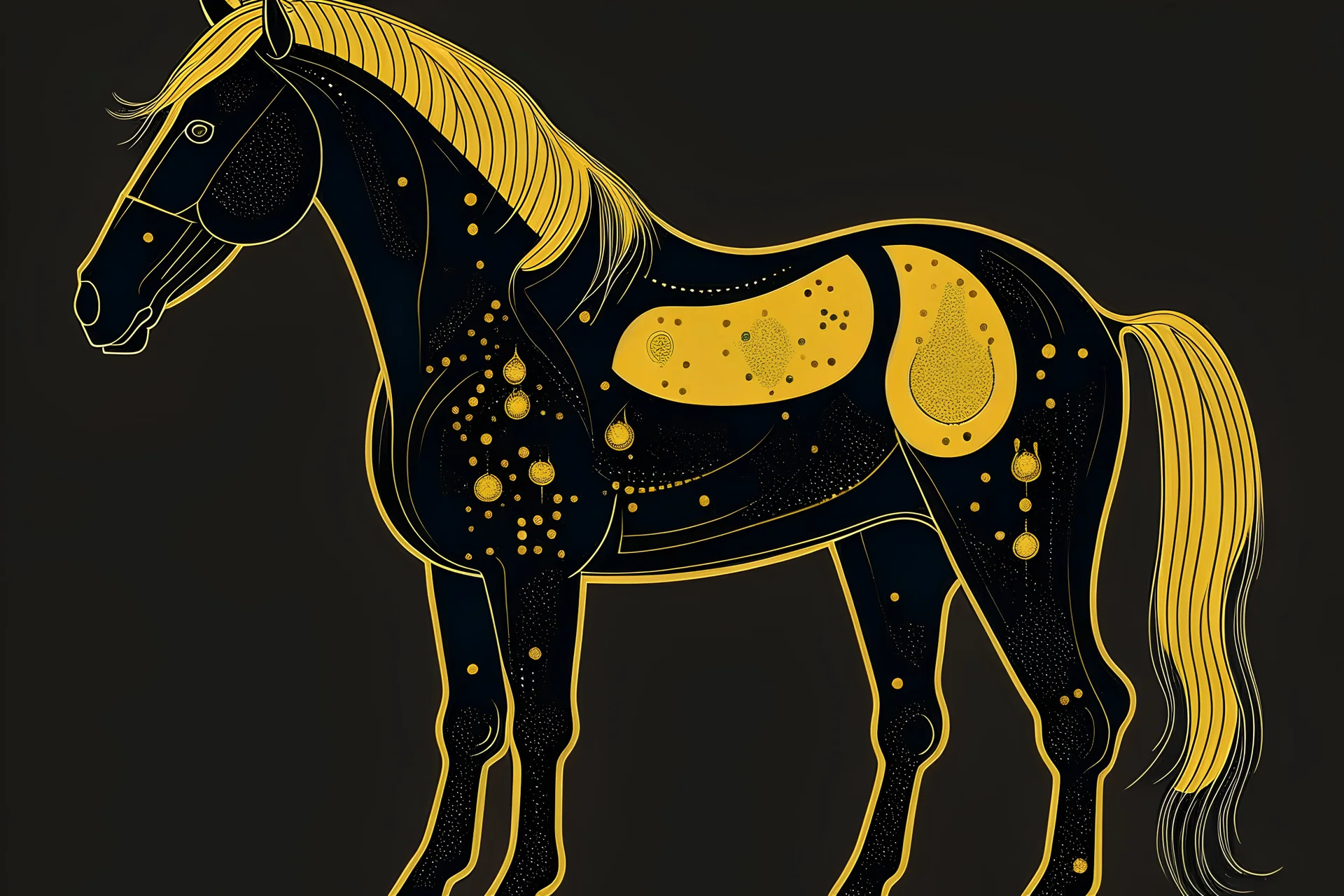 V600 Apollo, a black horse with golden markings on its body, in the style of risograph, vector iconography