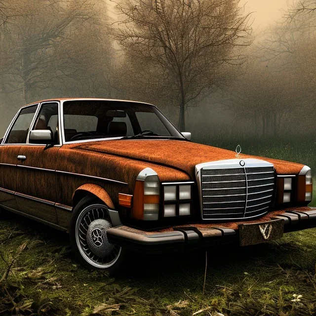 an abandoned 1990 Mercedes rust 2-door overgrown by nature with dust ,ultra realistic,concept, 4k ,on street,8k resolution, high-quality, fine-detail, parked in crowded city winter