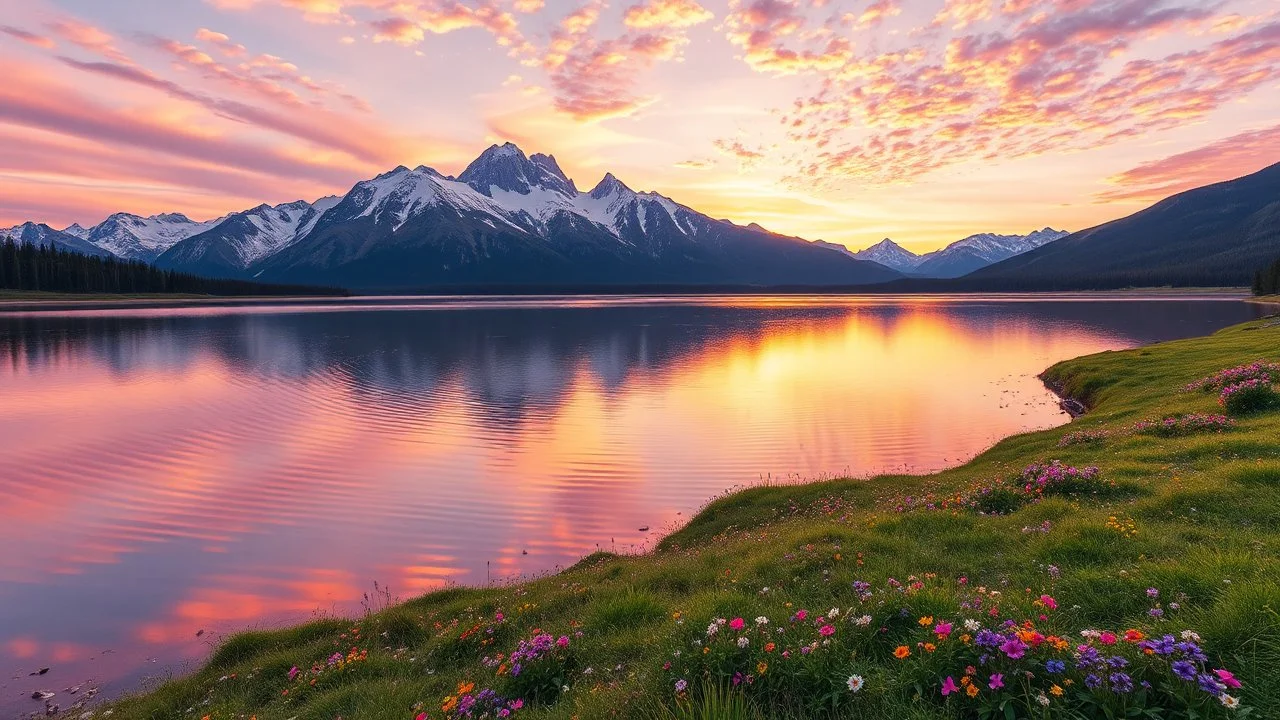 A breathtaking, ethereal landscape unfolds under a sky painted with the soft hues of dawn—blush pinks, golden yellows, and lavender purples blending seamlessly. In the foreground, a serene lake mirrors the heavens, its surface rippling gently as if whispering secrets to the earth. Towering mountains rise in the distance, their peaks dusted with snow that glistens like diamonds under the first light of the year 2025. A lush meadow stretches across the middle ground, dotted with wildflowers in vib