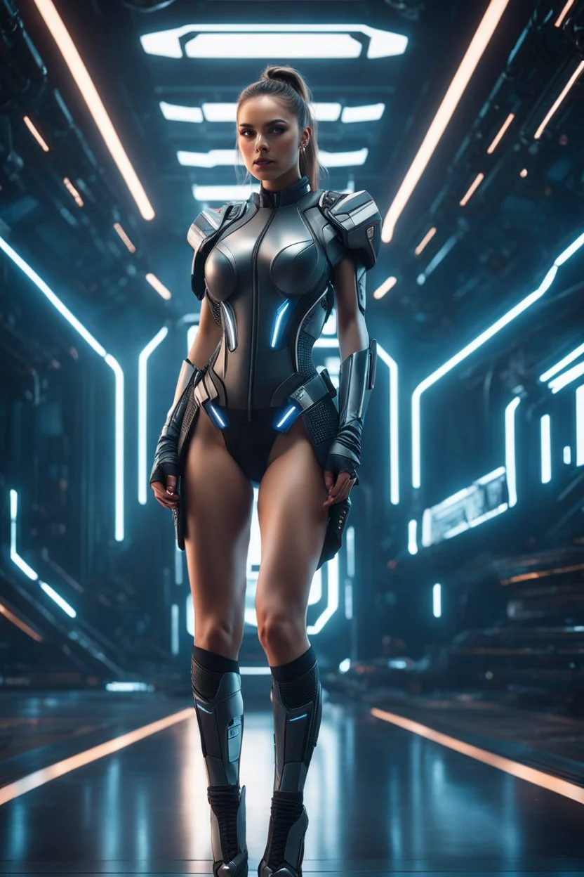 full body shot photo realistic incredibly super gorgeous model beautiful lady cyberpunk half dressed,good,appealing look gorgeous delicate athletic body, futuristic spacecraft hanger with superb appealing midriff shown, futuristic uplifting mood and motivation stunning intricate meticulously detailed science fiction them, dramatic digital illustration volumetric lighting, 250 megapixels 8K resolution, back-lit soft lights, photo-realistic arts, realistic photography