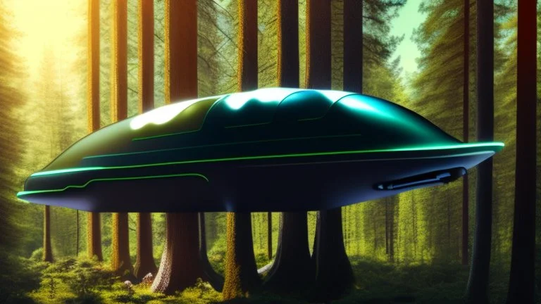 Sleek, smooth, small Cargo Spaceship, shaped like a submarine, landing in a forest