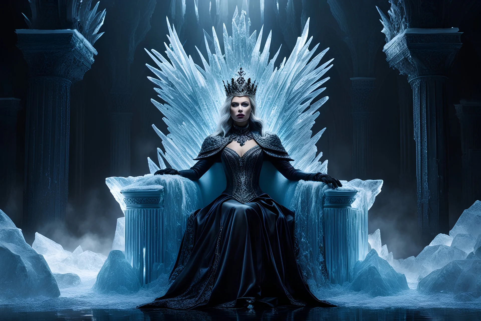 A photo of the queen of nightmares sitting on her throne of ice. Photorealistic. Cinematic. dark. Terrifying.