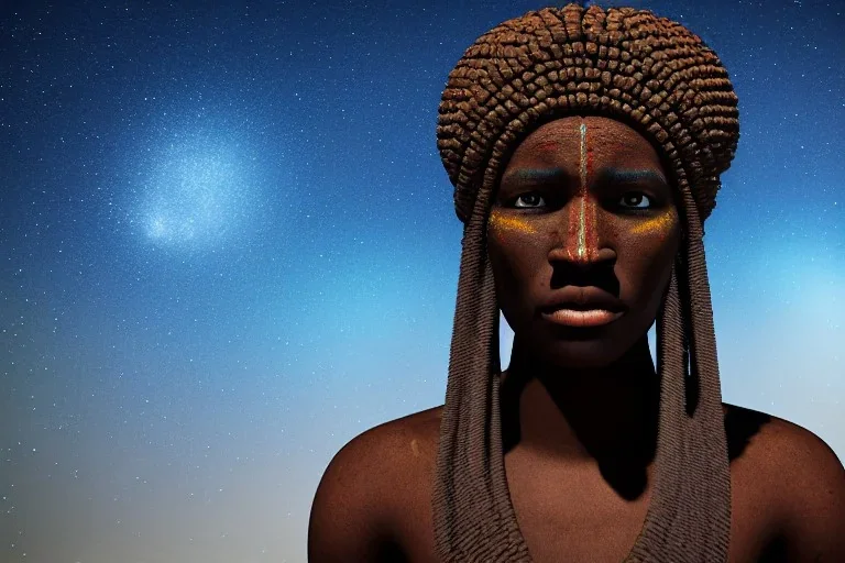 african head portrait, warrior costume,man and woman face ,village, meditation, woods, galaxy sky, 8k quality, unity engine, bloom,cinematic lighting,blue tone, octane render,