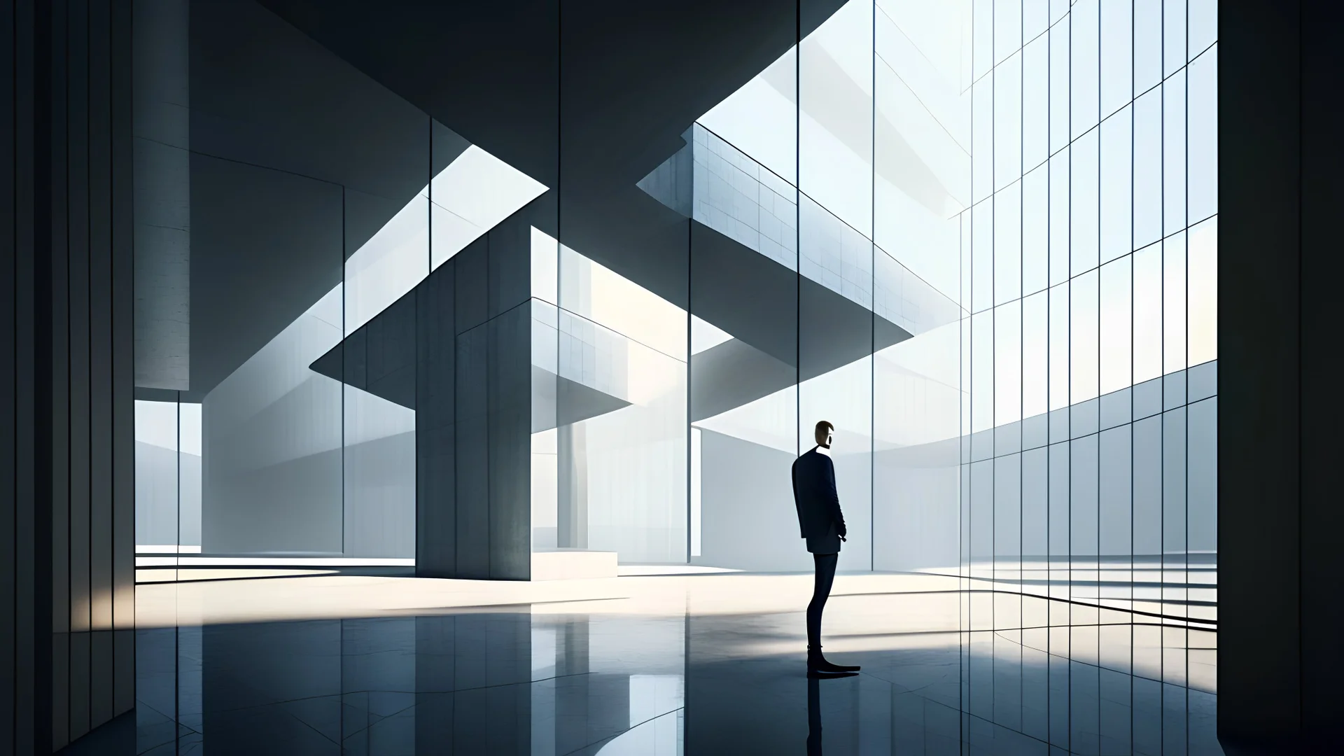 there is a man standing in a large building with a cell phone, architectural visualisation, inspired by Tadao Ando, digital rendering, conceptual rendering, render vray, photoralistic rendering, inspired by Peter Zumthor, architectural rendering, detail render, a digital rendering, in style of norman foster, orthographic 3d rendering, lumion rendering