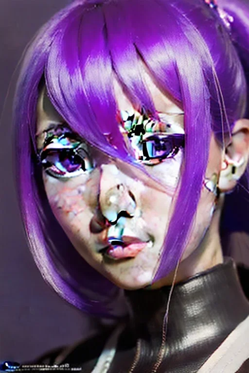 Detailed cute anime Kunoichi girl, purple hair buns, purple bangs, black latex bodysuit, intricate details, full body portrait, keep head in frame, slight smile, black Japanese motif, concept art, highly detailed, digital painting, concept art, sharp focus, illustration, art by Yoji Shinkawa, WLOP and greg rutkowski and alphonse mucha and artgerm and yanjun Chen and Junji ito and Makoto Shinkai, HDR, octane render