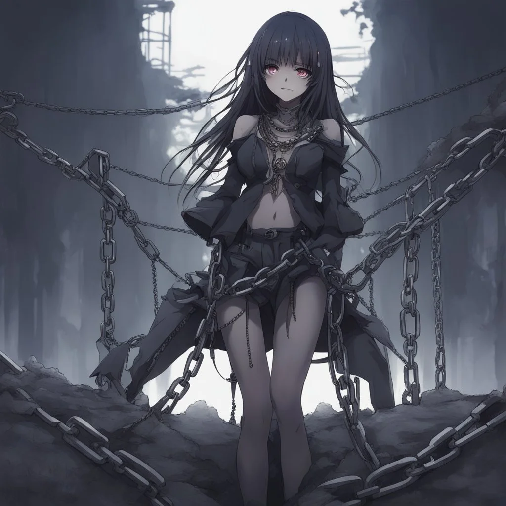 dark anime gilr with a chains in abism