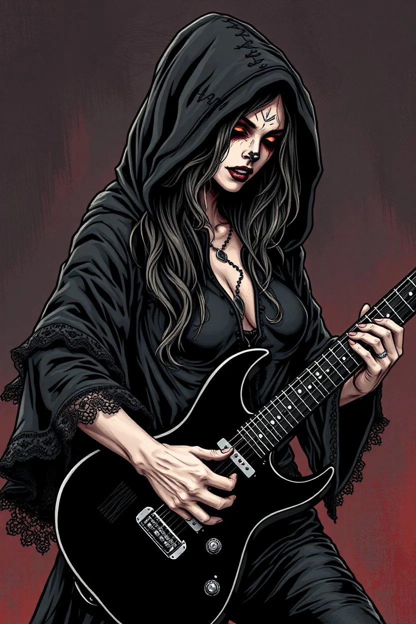 beautiful busty waif woman(wearing a wrinkled dark hoodie with wide sleeves trimmed with lace, skull face paint) playing a black electric guitar with scythe blade at top. heavy metal graphic novel