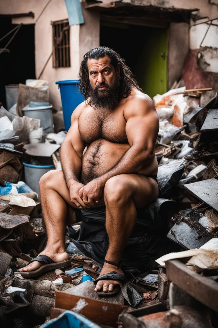 full figure shot photography of an angry dirty wet sweat strong hairy big short beefy burly ,39 years old ugly angry arab , big nose, bull neck, short beard, dreadlocks, shirtless, manly chest, big belly, bulging shorts, emotive eyes , sitted on a chair relaxed ,belly up ,open legs, on a pile of garbage, angry eyes, big shoulders, side light, top view, aerial view