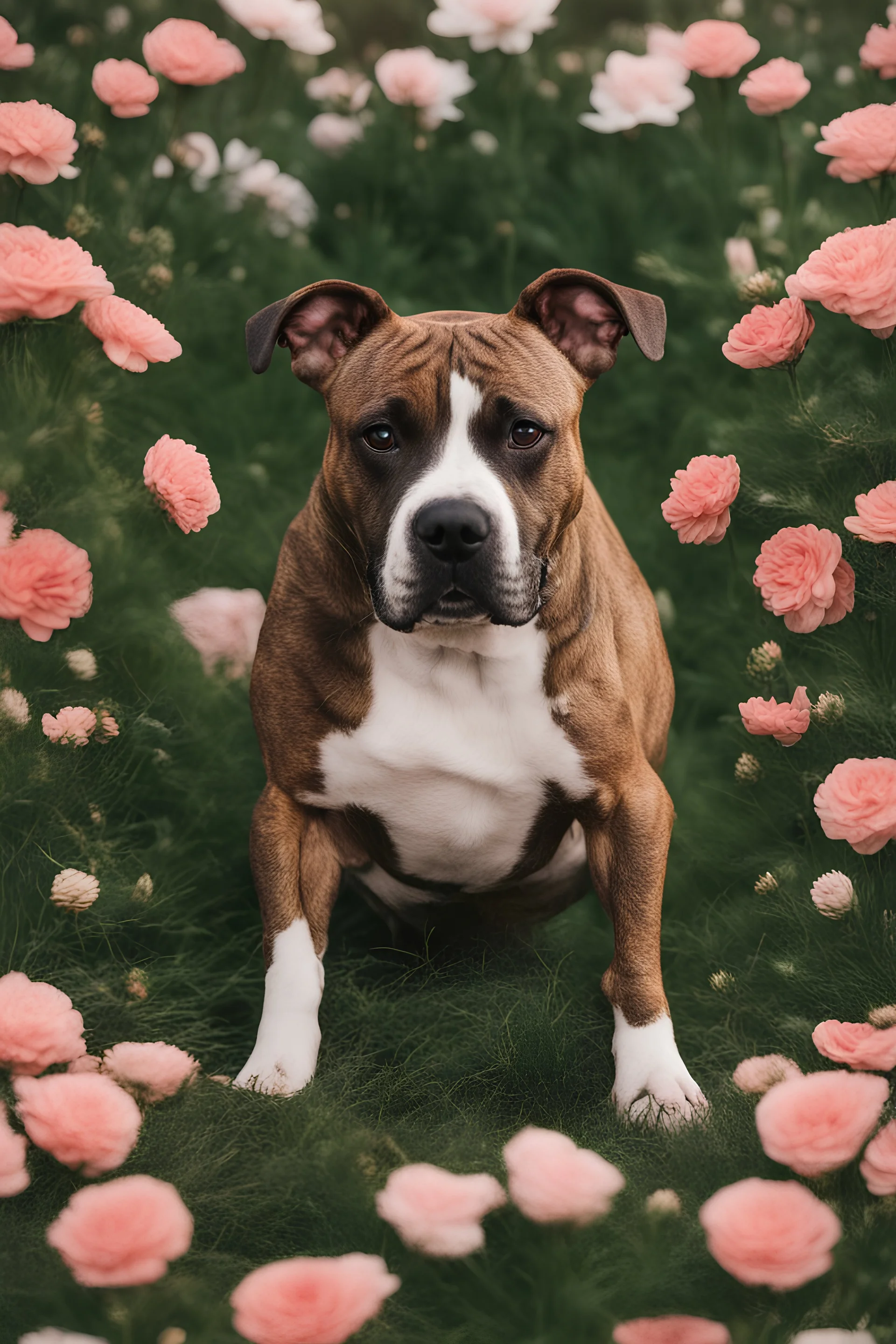 A brindle Staffordshire Bullterrier with no white with flowers around