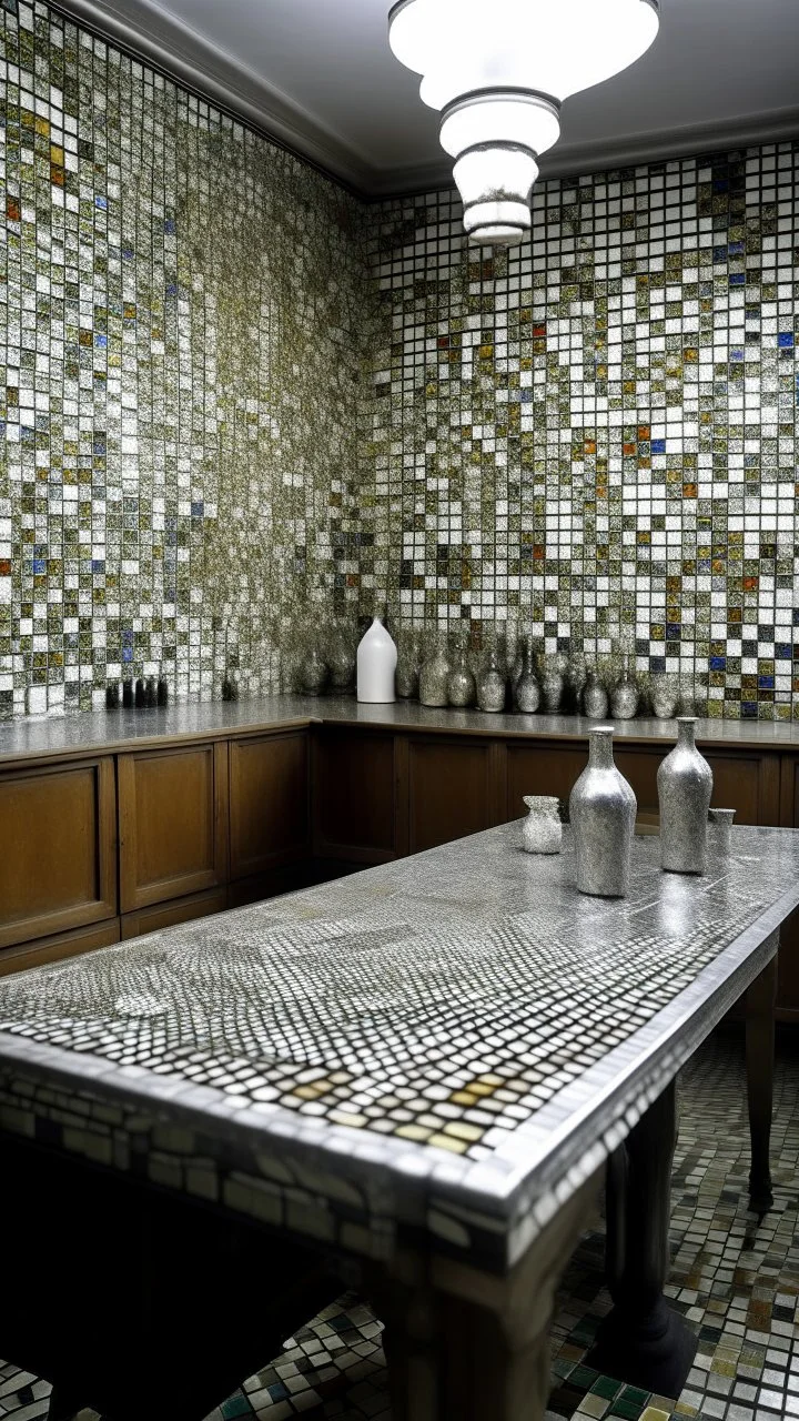 A silver colored doctor's laboratory with strange vials designed in ancient Roman mosaics painted by Gustav Klimt