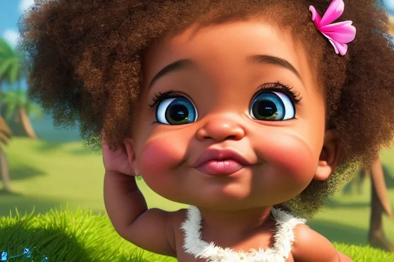 a beatiful little baby girl, 9 months old, moana style, curly hair, mixed race, realistic, intriacte detail,volumetric lighting, particales, highly detailed, cinematic, magnificent, majestic, Realistic photography, incredibly detailed, ultra high resolution, 8k, complex 3d render, cinema 4d