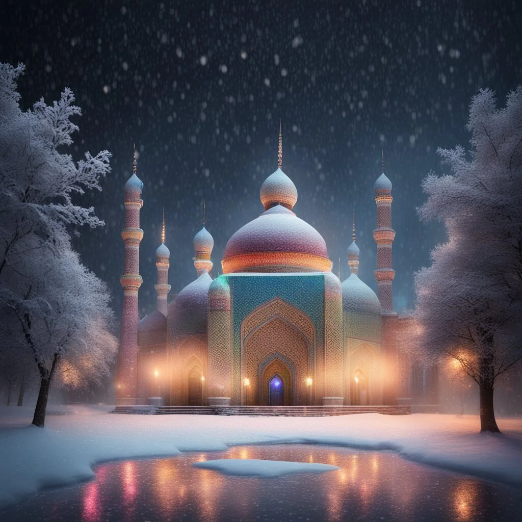 Hyper Realistic rainbow textured Mosque at heavy snowfall night with decorative lights