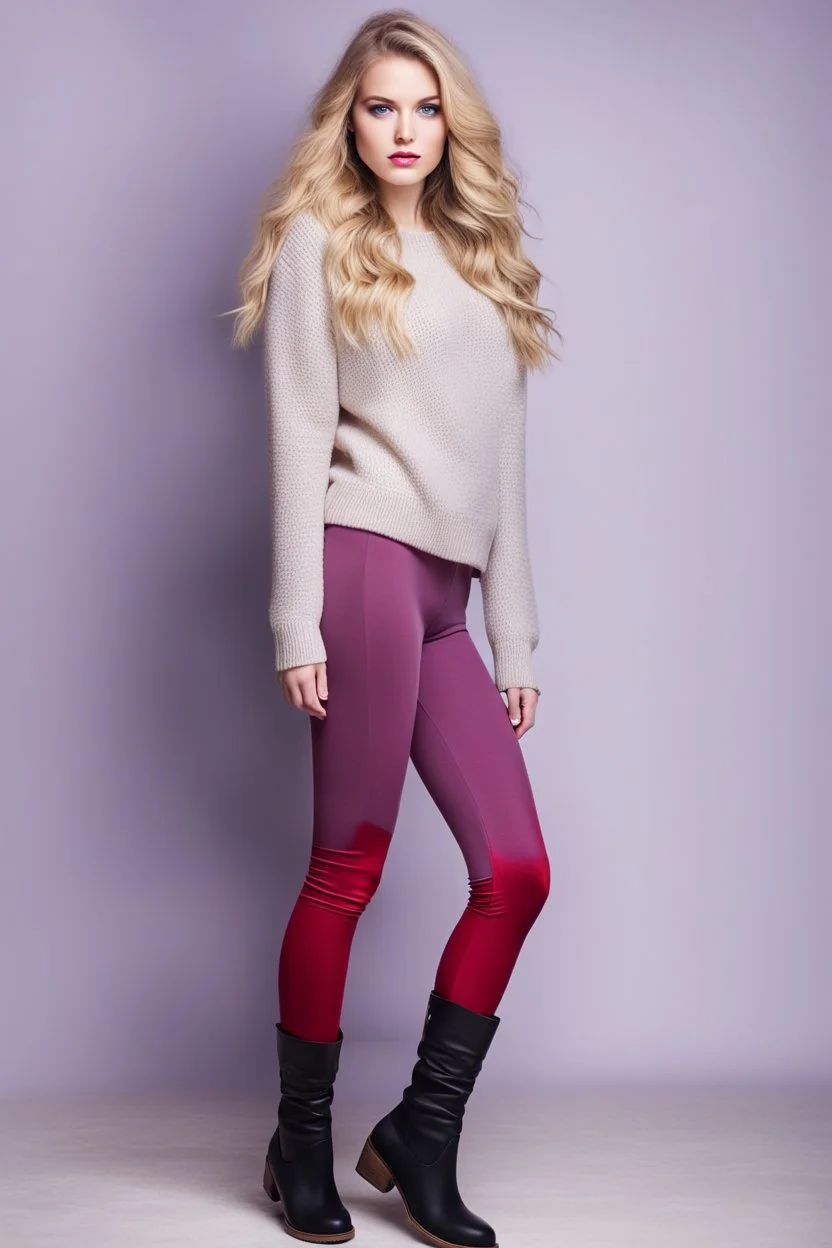 beautiful 18 year old girl with ash blonde hair and blue eyes with her curvy hair down, wearing a long-sleeved woollen top, and lilac long leggings, with long red boots full body shot