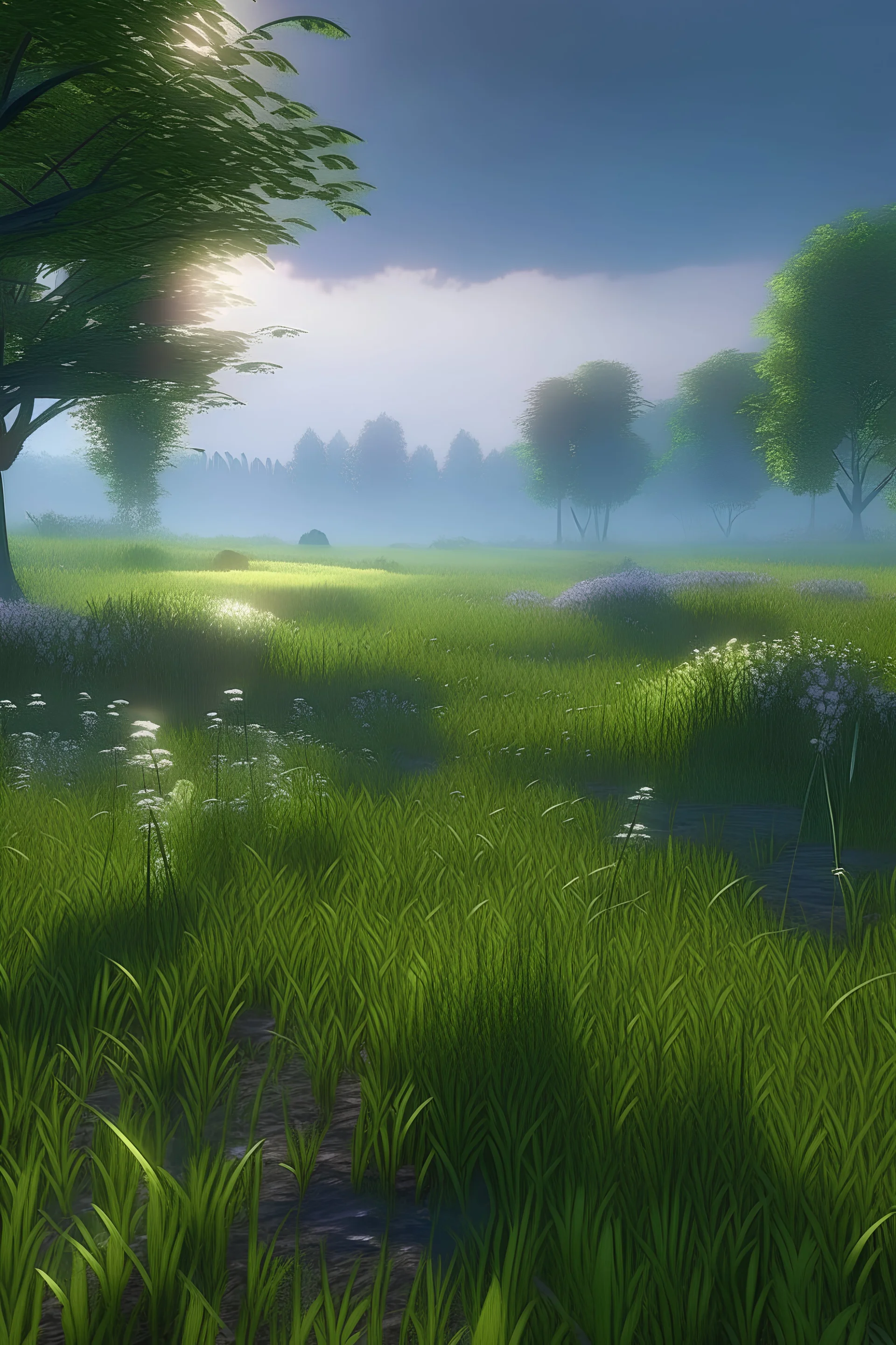 An oil painting of a tranquil meadow in the early morning light misty rain. The flowers and blades of grass shimmer and glisten with wetness and ahead a grove of willow trees dance and sway in the breeze. Supernatural, enchanting, peaceful, 8k 3d ultrarealistic unreal engine octane rendering godlight