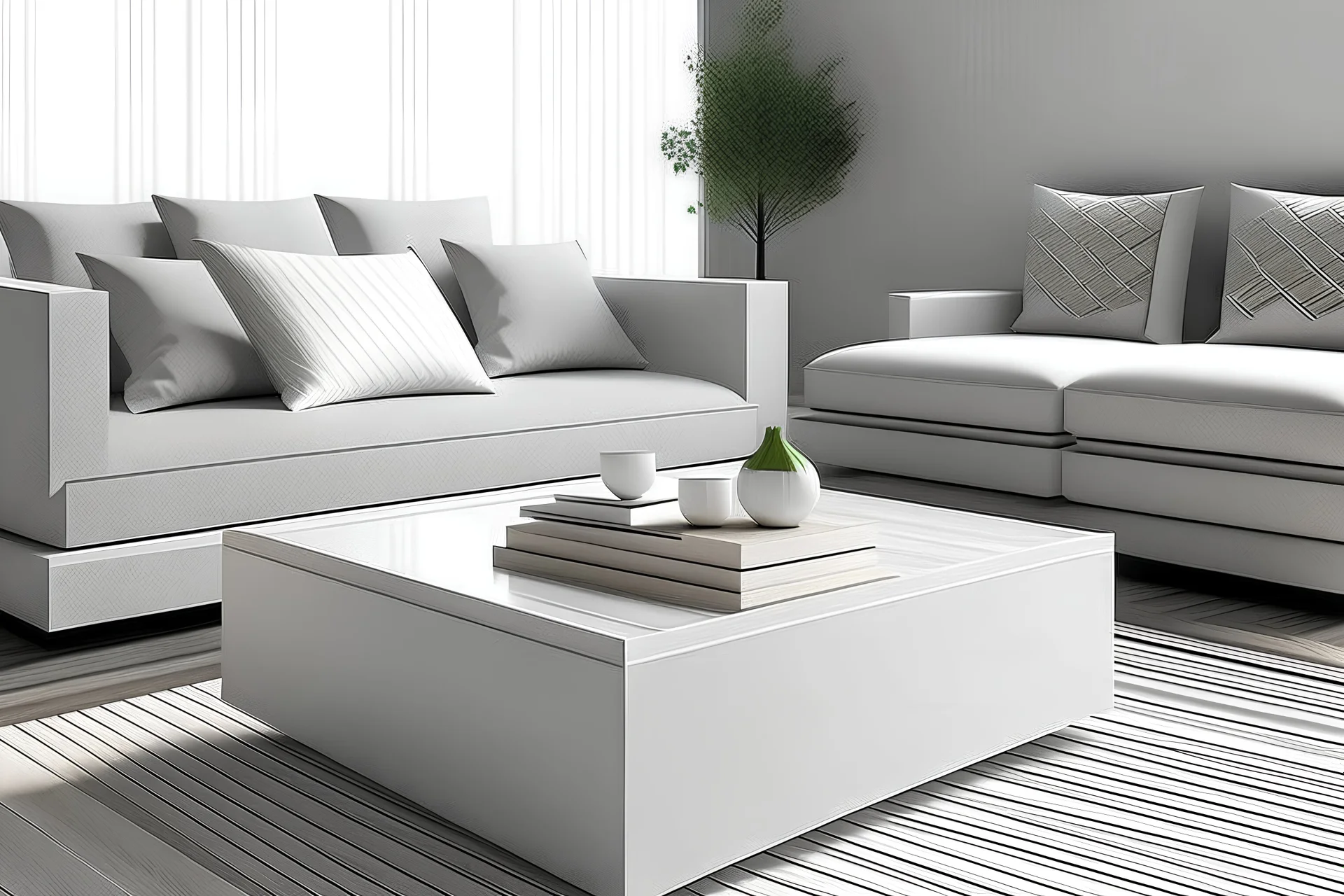 Capture the essence of chic sophistication with a sleek, minimalist square coffee table adorned with tasteful modern accents. Show how a carefully curated arrangement of geometric decor pieces and stylish books transforms a simple table into a focal point of contemporary elegance.