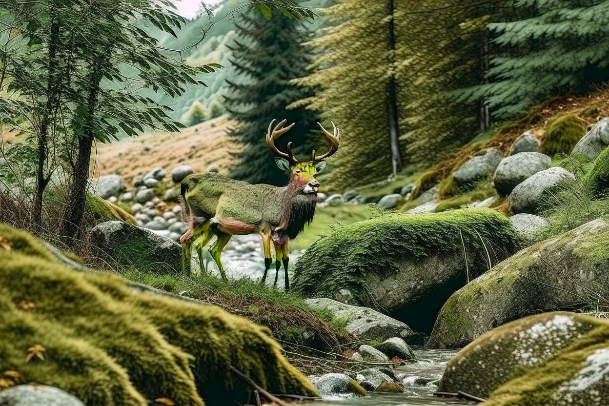 deer in forest next to rocks and grass fields