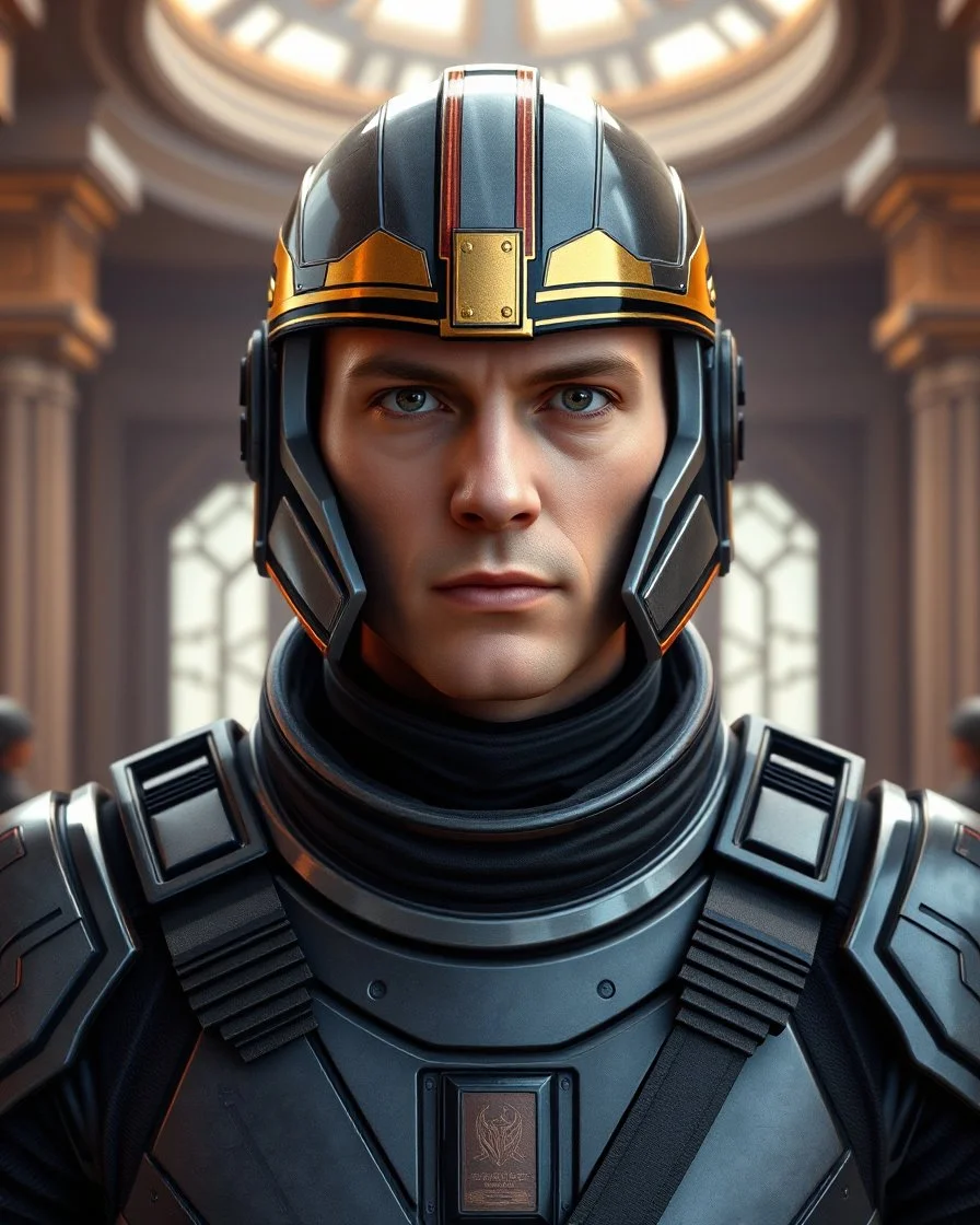 star wars bald male corellian pilot wearing pearlescent black and gunmetal grey First Order special forces heavy assault stealth commando armor with helmet with gold and metallic red trim inside the jedi temple, hyperdetailed, dynamic lighting, hyperdetailed background, 8k resolution, volumetric lighting, light skin, fully symmetric details