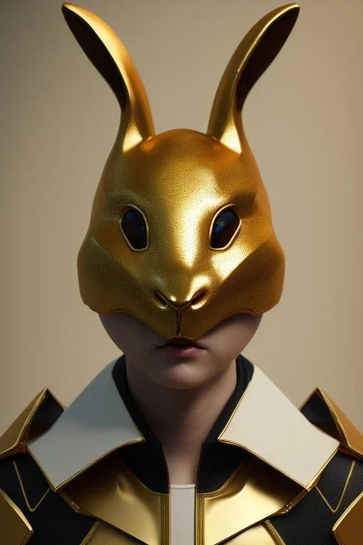 Portrait Sweet Rabbit ceramic mask, gold, suit, photo studio, black background, unreal engine 5, concept art, ray tracing, lumen lighting, ultra detail, volumetric lighting, 3d.