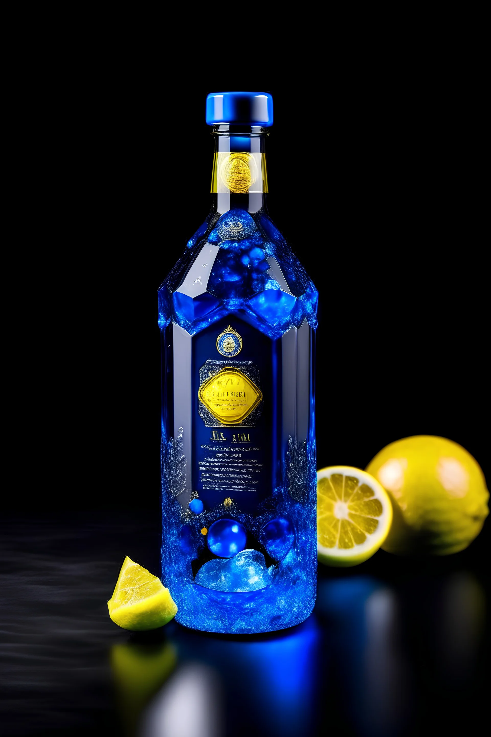 bouteille d eau potable de LUXE avec le nom GSTAAD WATER en diamant bleu royal impériale au citron de lunivers fond des mers au cornichons des alpage avec du citron partout et que le bouchons de la bouteille sont une couronne et avec beaucoup de vanille et de mente qui record le fond