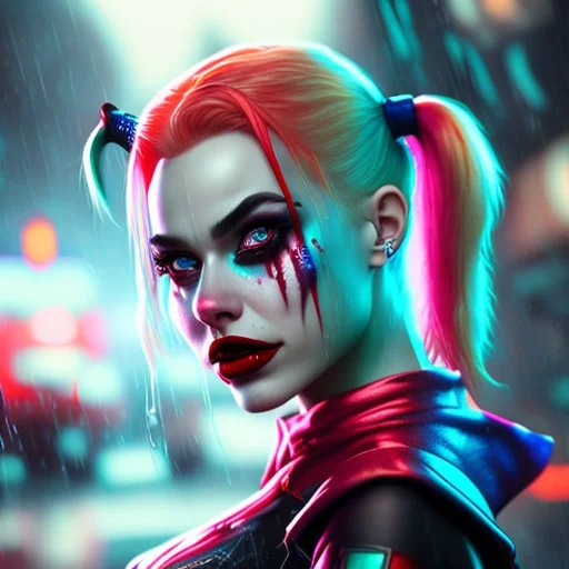 Harley Quinn, violent, high delicate defined details, beautiful, atmospheric, rain, matte, 3 d 8 k octane rendered, sharp focus, illustration, high detail, ultra realistic, highly saturated colors