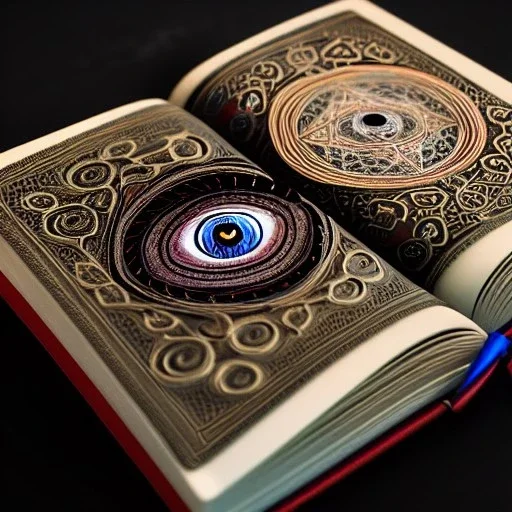 an ancient ornate intricate old tome spell book with the sigil symbol of an eye emblazoned on the cover, cinematic, realistic, intricate detail, finely detailed, small details, extra detail, photorealistic, high resolution, 3D, PBR, path tracing, volumetric lighting, octane render, arnold render, 8k