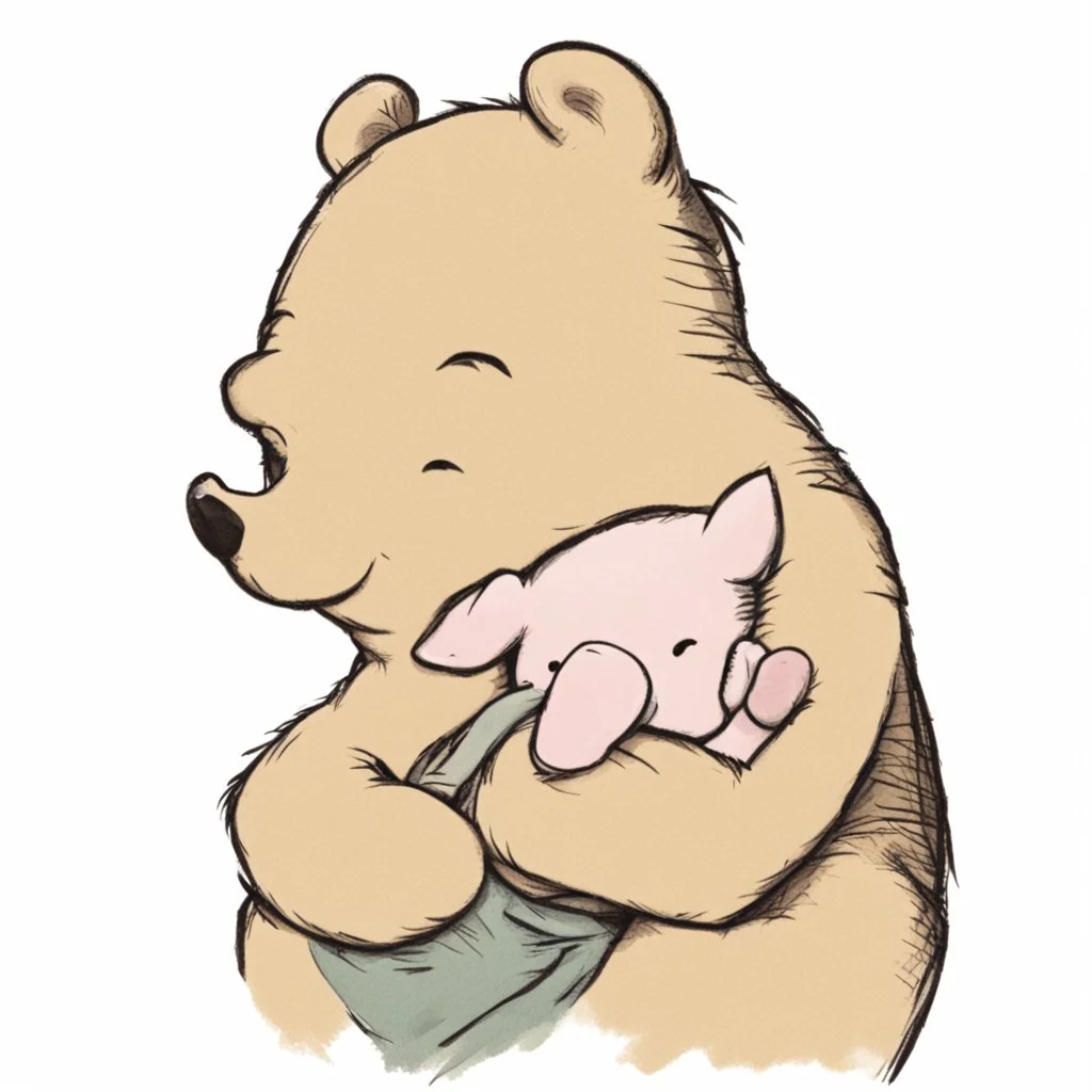 simple illustration of Winnie the pooh cuddling a pig