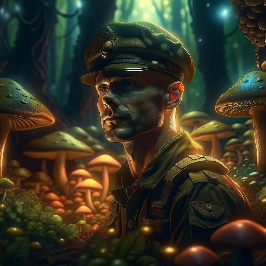 portrait of macho army officer inside glowing mushroom grove, 4k, down-light, soft light, depth of field, photo realism, trending on art station, high detail, sparypaint