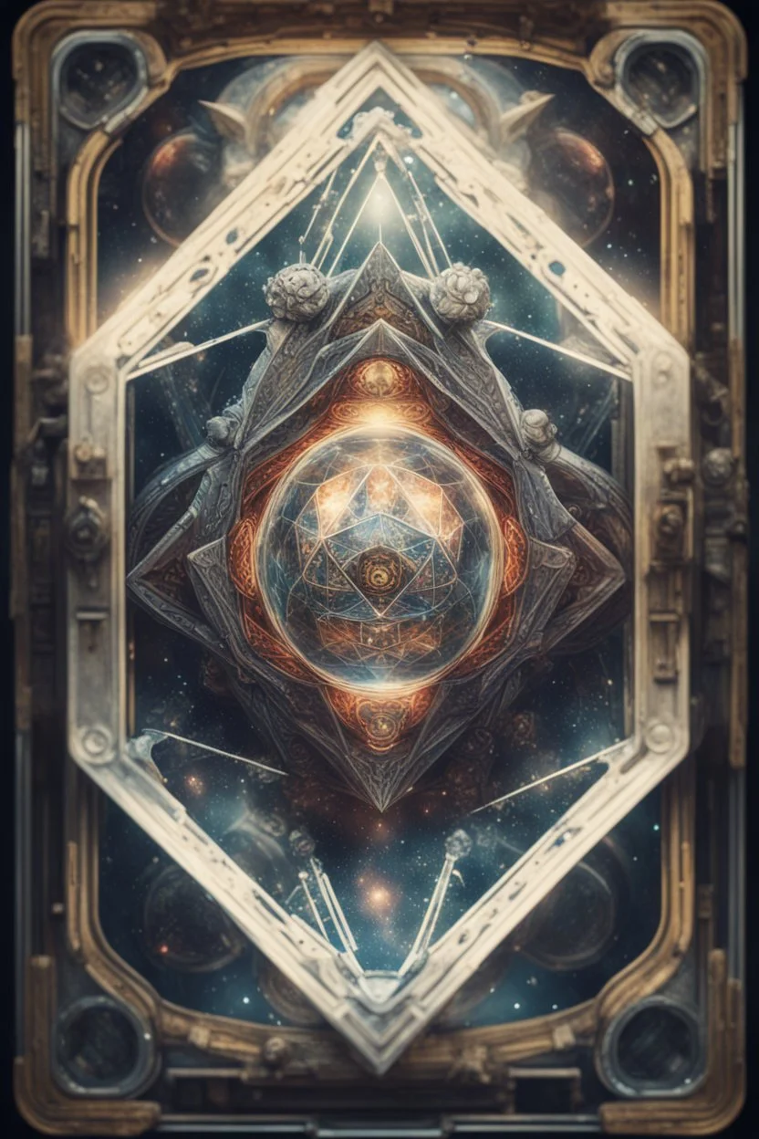 sacred geometry framed playing card, hyper violent ogre space captain inside crystall ball in the style of Escher and fallout 4 ,,bokeh like f/0.8, tilt-shift lens 8k, high detail, smooth render, down-light, unreal engine