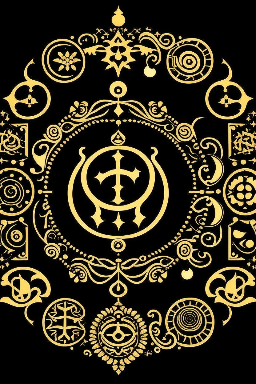 the Latin cross, aum letter, crescent and star, yin and yang, torii gate, khanda, star of david, dharma chakra all combined into one symbol
