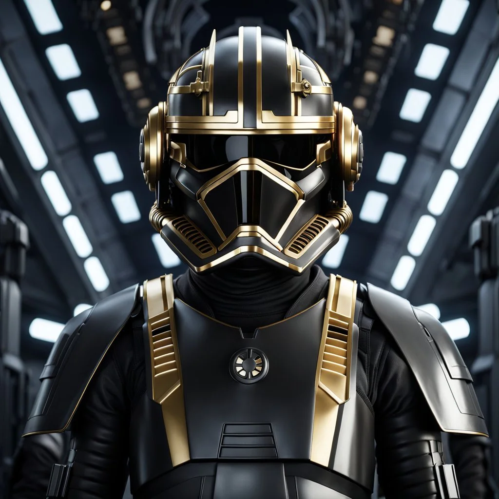 star wars bald male corellian pilot wearing pearlescent black and gunmetal grey First Order special forces heavy assault armor and helmet with gold trim inside the jedi temple, centered portrait, hyperdetailed, dynamic lighting, hyperdetailed background, 8k resolution, volumetric lighting, light skin, fully symmetric details