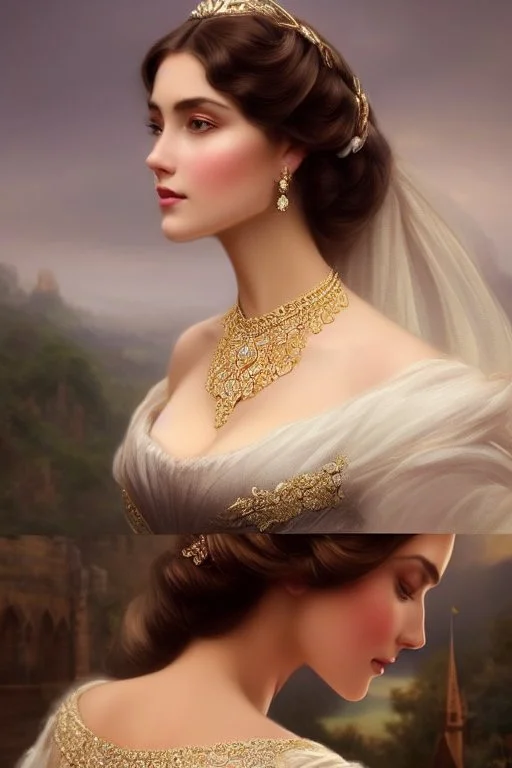 long shot beautiful and gorgerous duchess with incredible jewellery in 19th century clothing by Greg Rutkowski and Artgerm and Emile Vernon and Vladimir Volegov, in a brown dress, mystical castle background, art illustration, natural beauty, muted colors, pastels, perfect fingers, higly detailed, expressive, high detail, symmetrical, digital painting, symmetrical eyes, dynamic lighting, artstation, cinematic lighting, intricate artwork, emitting diodes, smoke, artillery, sparks, racks, system u