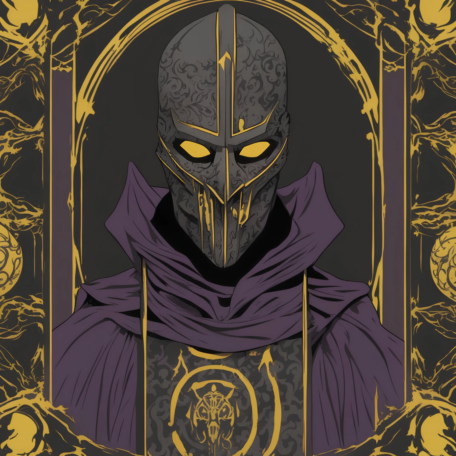 warlock, black mask with grey-yellow patterns, black robe with ash purple patterns, dark, ominous, ash purple, grey background