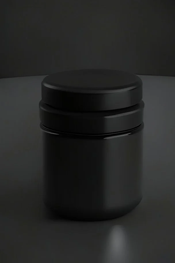 black container, plastic, realism, with screw lid, no labels, round container, front view, dark studio setting