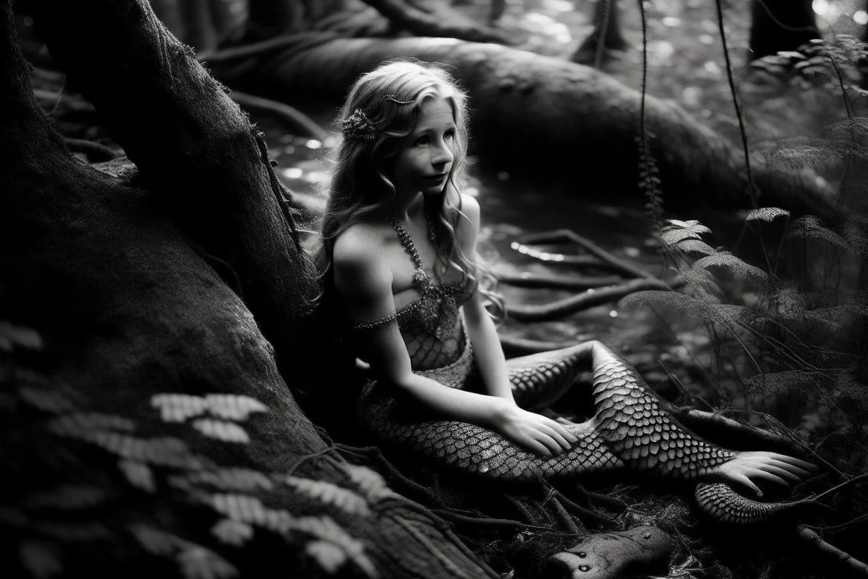 Una sirena perdida en un bosque. Fotografía realizada con cámara Hasselblad. Fotografía en Blanco y Negro.