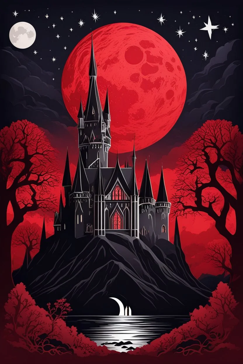 The Midnight Keep, Gothic Castle on the Red Bluffs, a crimson nightfall, stars, Red Full-Moon, red mountains and landscape,, gothic, haunting made with layered paper cut outs vector