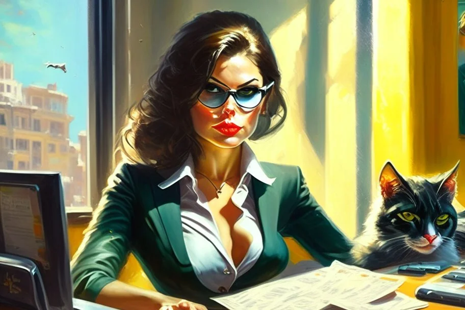 kitten brunette woman secret agent joker in an office in sunshine, very detailed, oil painting