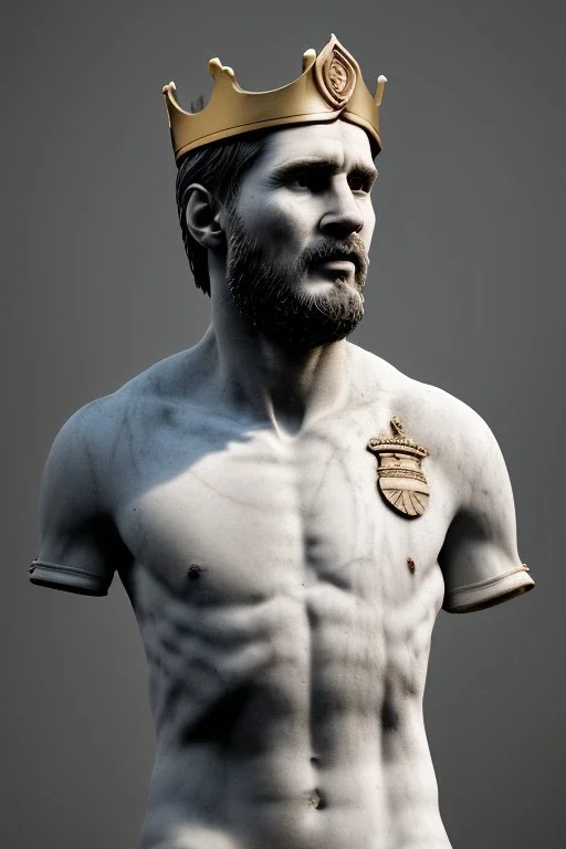 Ultra Realistic image, Roman sculpture, white marble material, Lionel Messi, gold crown of natural thorns, god crown, Renaissance style, sun rays background, waist up portrait, epic, celestial, cinematic lighting, God lights, 4k resolution, smooth details, soft lighting, unreal engine 5, art station, substance 3d.