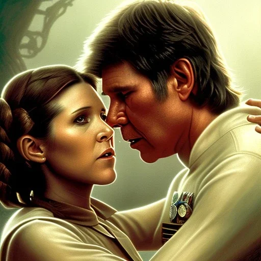 carrie fisher kissing harrison ford, waist up portrait, intricate, oil on canvas, masterpiece, expert, insanely detailed, 4k resolution, cinematic smooth, intricate detail , soft smooth lighting, soft pastel colors,