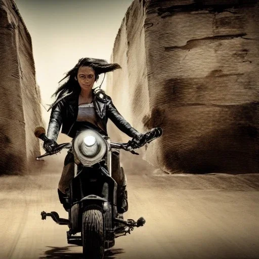 Mad Max style young woman on a motorcycle with water and gun