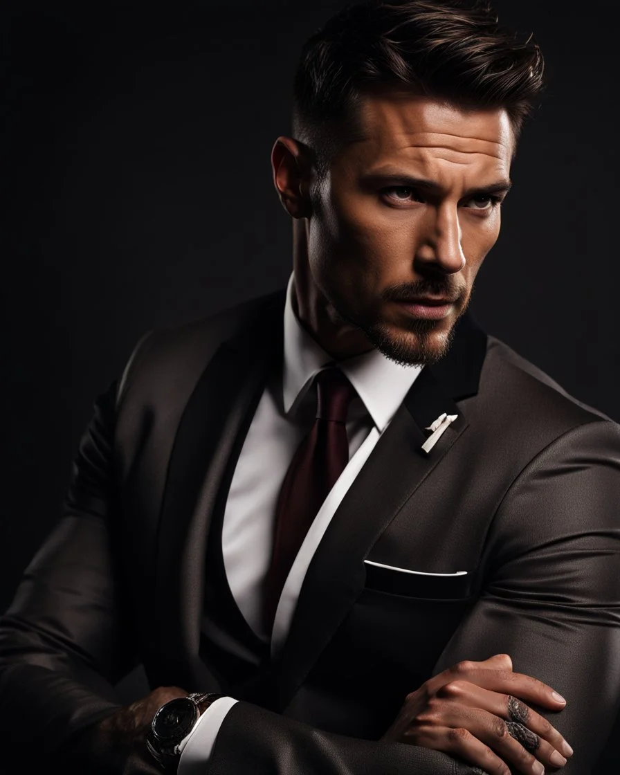 portrait of a 35 year old Handsome muscular male leader with lightly tanned skin and tattoos. Dark hair cut short and a goatee beard. wearing an armani suit. photorealistic