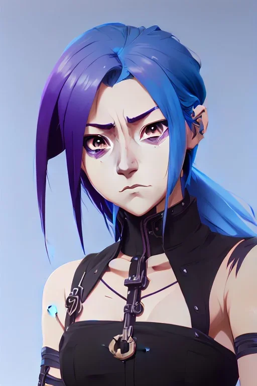 Detailed cute anime Kunoichi girl, blue hair buns, purple bangs, black latex bodysuit, intricate details, full body portrait, keep head in frame, slight smile, black Japanese motif, concept art, highly detailed, digital painting, concept art, sharp focus, illustration, art by Yoji Shinkawa, WLOP and greg rutkowski and alphonse mucha and artgerm and yanjun Chen and Junji ito and Makoto Shinkai, HDR, octane render