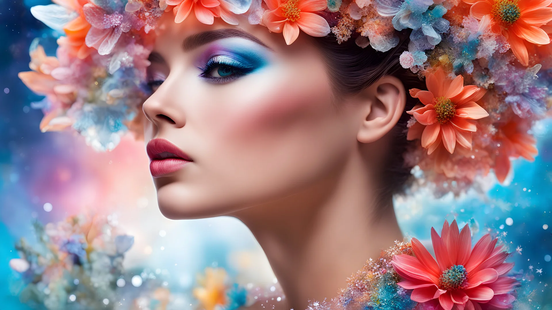 close up of a woman, inspired by David LaChapelle, glass flowers, high quality product image, coral reef, flora and fauna, cosmic nebula, Christian Dior style light background, with frozen flowers around her, stunning design, beautiful, side profile illustration, glass painting, multicolor, displayed, backlight