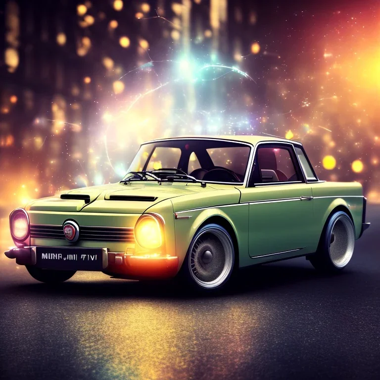 fiat 125p, city. high speed. bokeh. lens flare. warm lights. high detailed