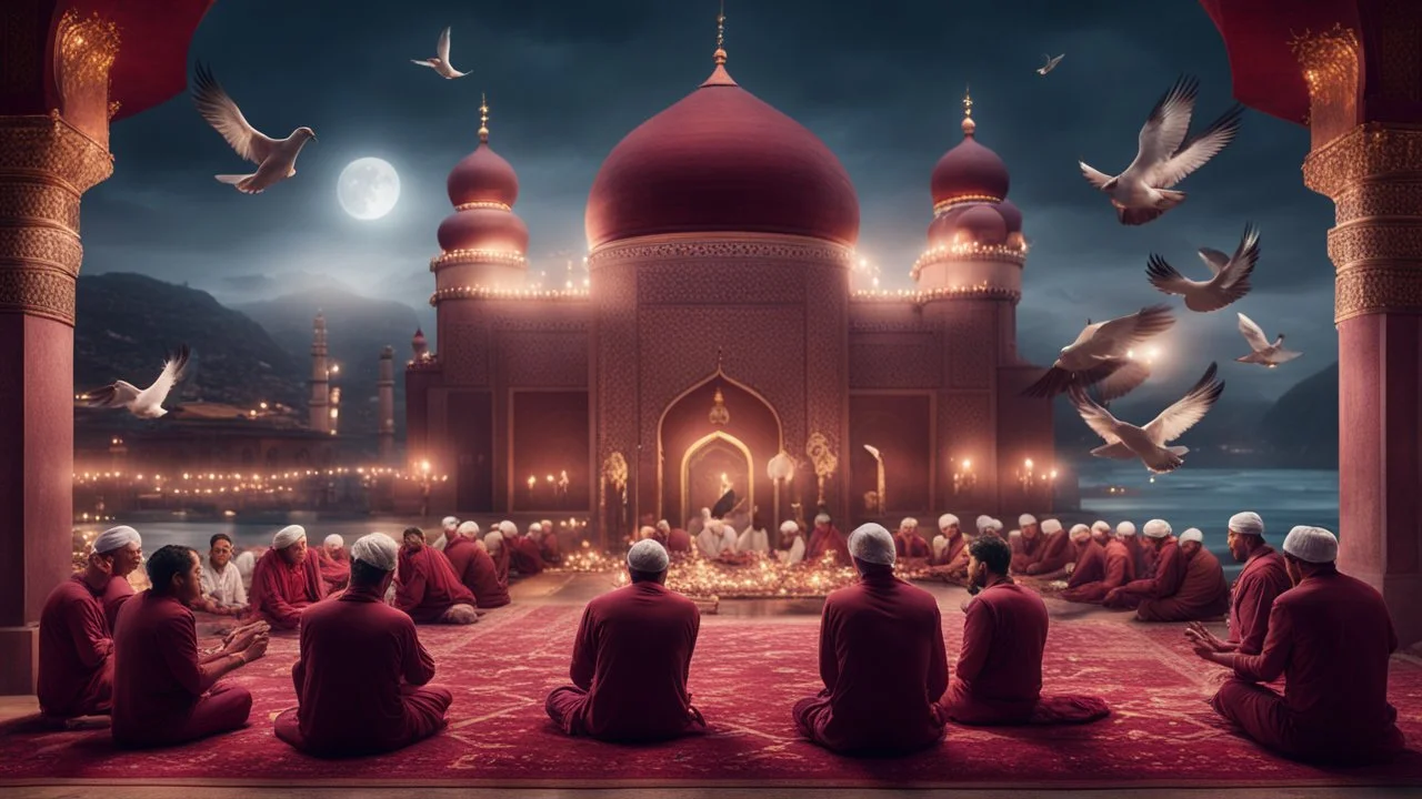 Hyper Realistic Photographic-View of few men praying outside a Huge-Beautifully-Crafted-Maroon-Mosque decorated with garland-lights & lamps between an island with ocean-water-waves & mountains around with Pigeons-Flying-at-night with dramatic-&-cinematic-ambiance