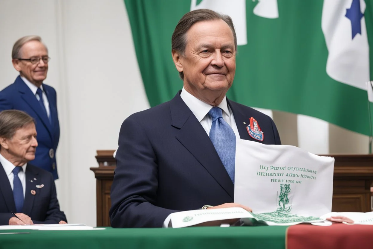 over the shoulder photo; politician signing a treaty; in the background three banners, green banner, white banner, blue banner;