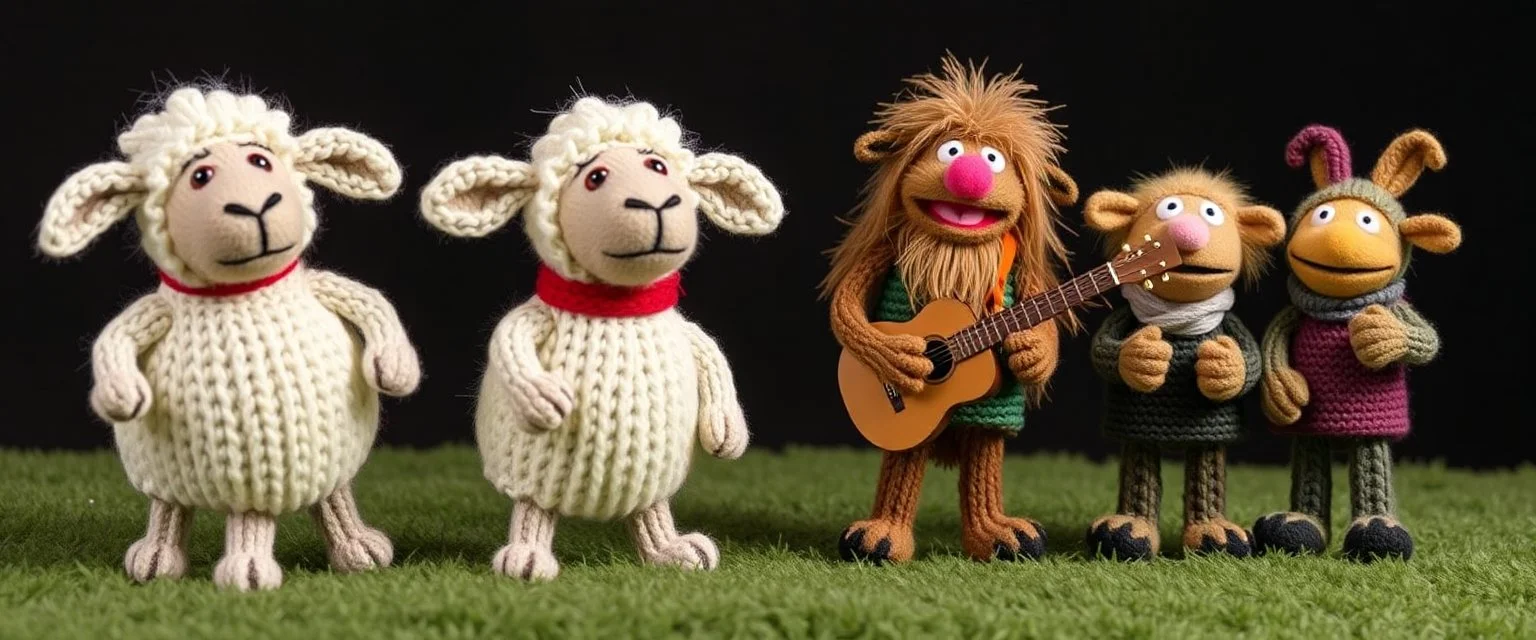 masterfully knitted sheep and Gnoll muppet puppet band