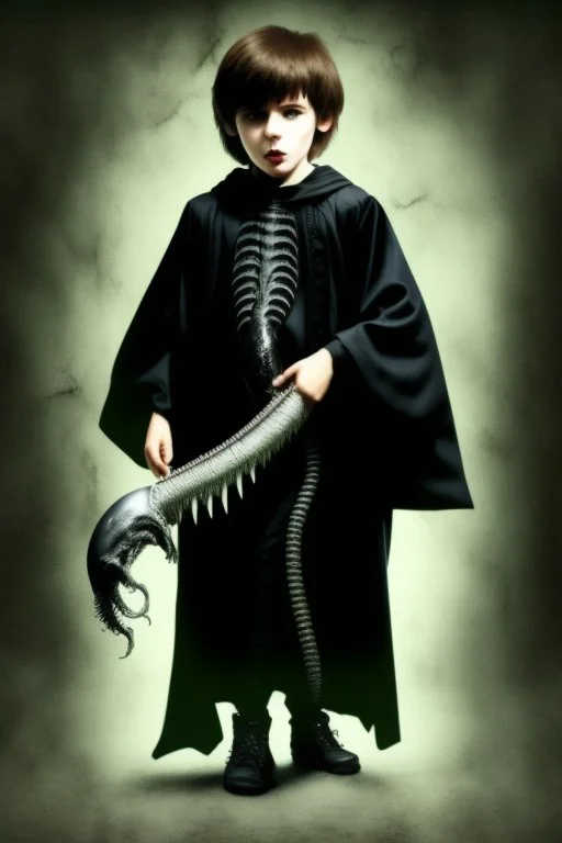7 year old boy, necromancer, friendly, looks dead,with a long lamprey emerging from his belly , wearing black robes, in the style of H.R. Giger