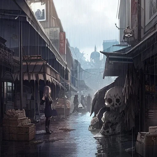 Skulls Queen, raining, raiven, destroyed street Market